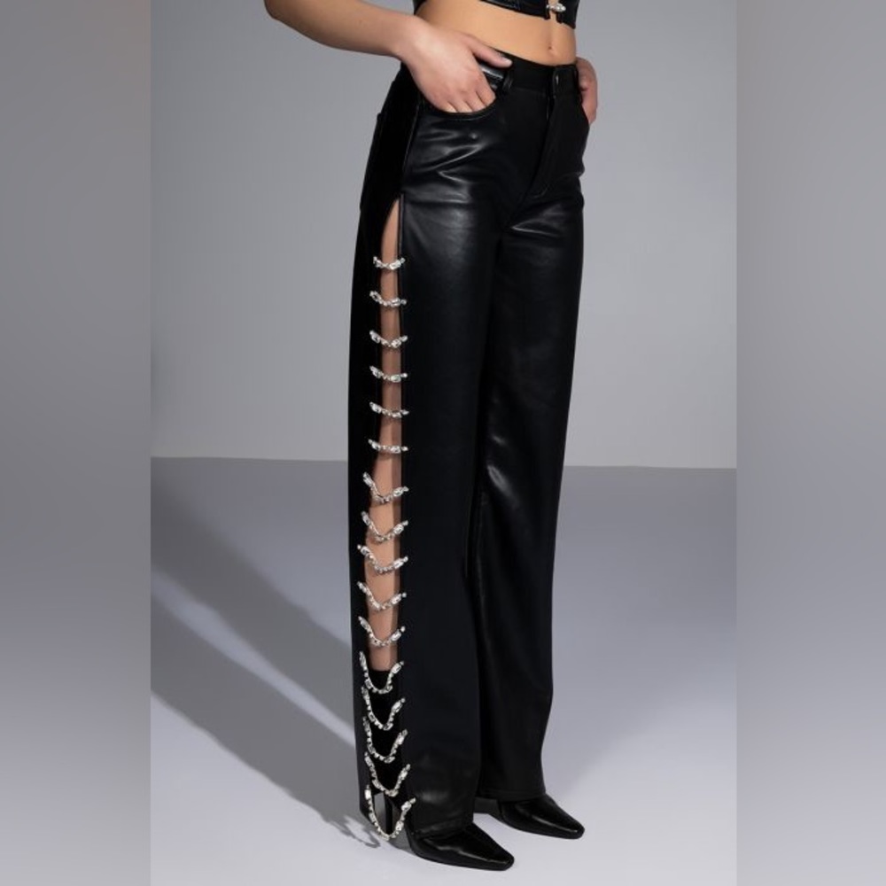 COVERED IN ICE FAUX LEATHER RHINESTONE PANT